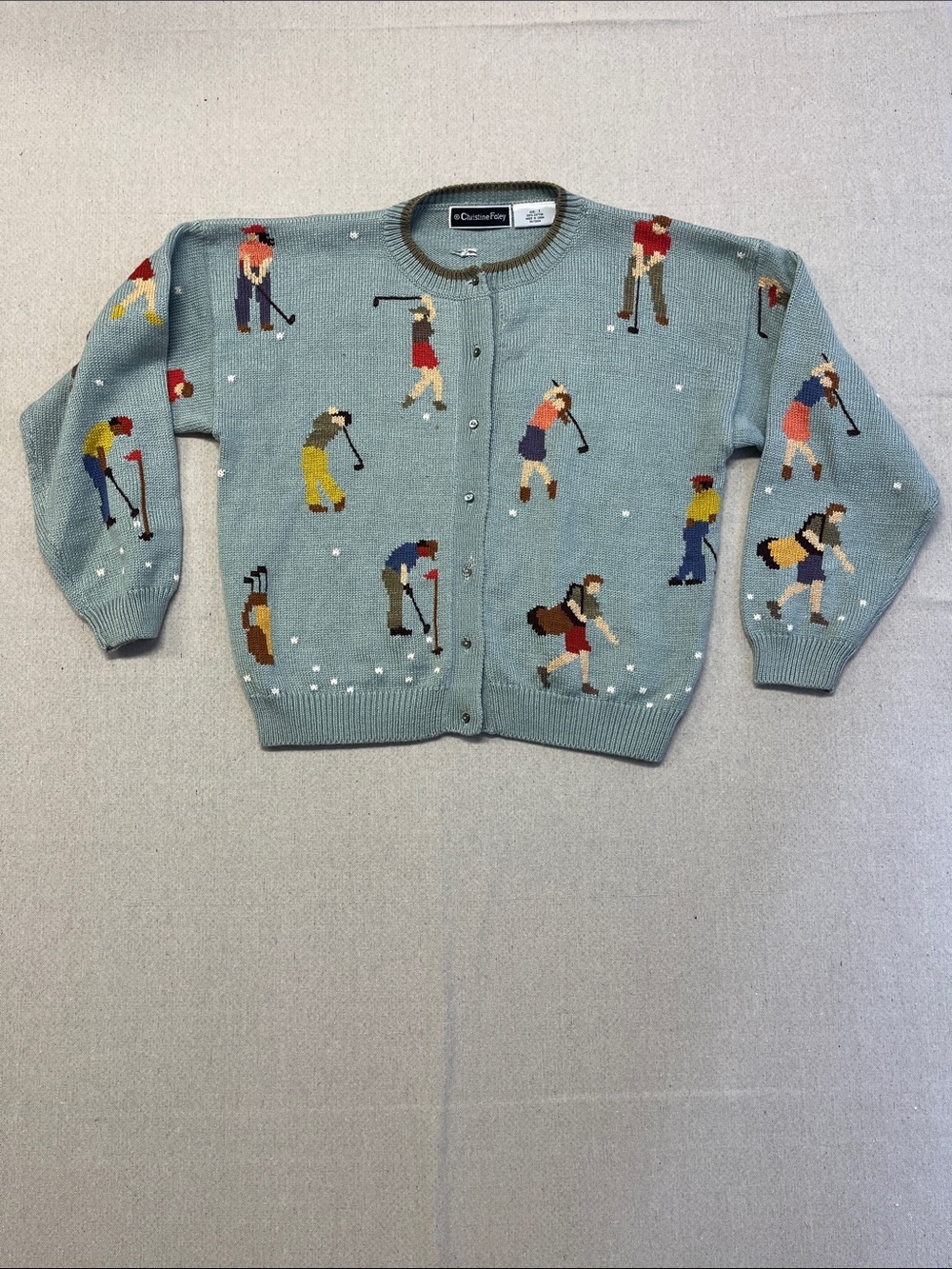 Christine Foley Golf Cardigan Sweater Sea foam Green/Blue Novelty Knit Size 1